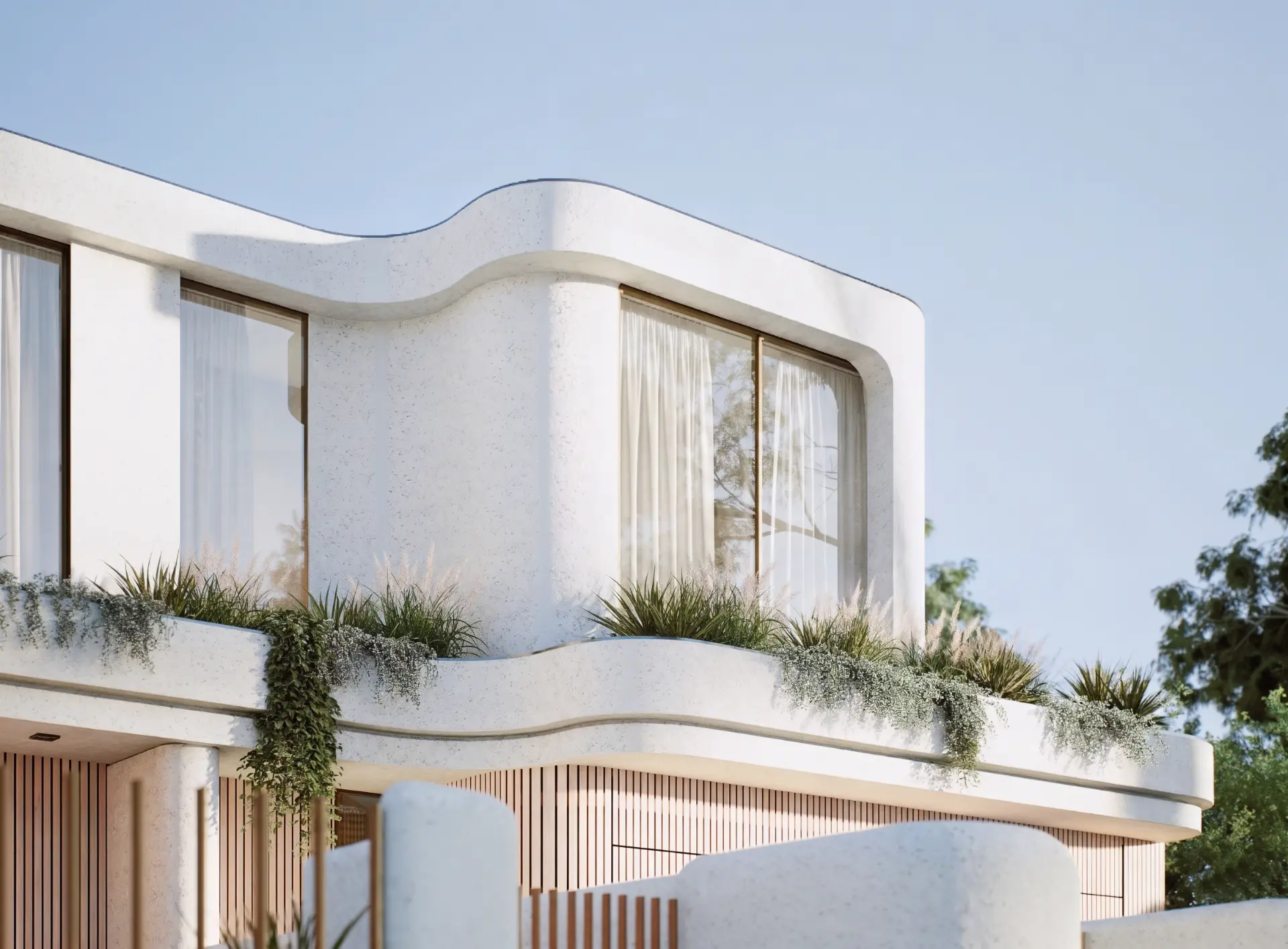 Curved cream residence facade with planter gardens and timber battens by Mike and Morlly Architects